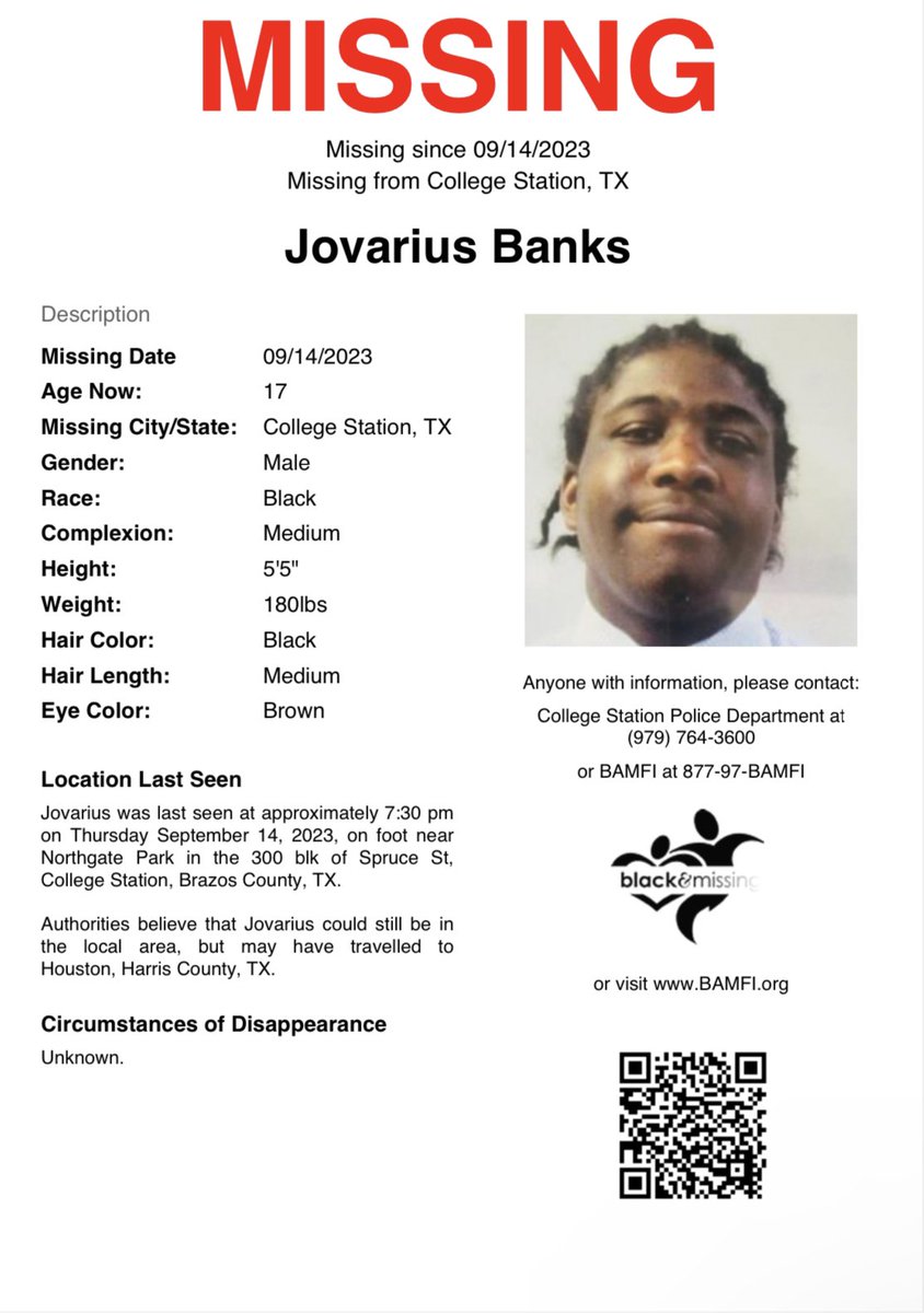 College Station, TX: 17y/o Jovarius Banks was last seen on September 14th at around 7:30pm near Northgate Park in the 300blk of Spruce St. Authorities believe he could still be in the local area, but may have travelled to Houston/Harris County, TX. #HelpUsFindUs #JovariusBanks