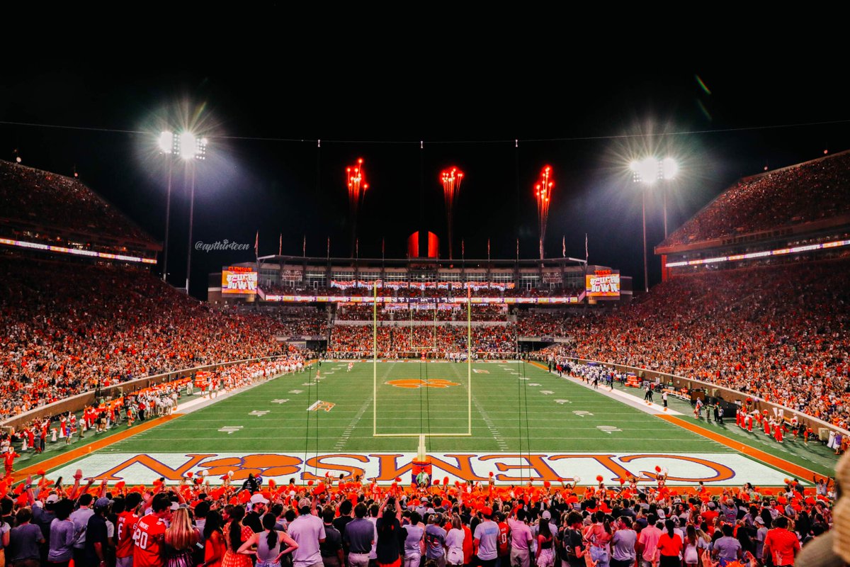 apthirteen's tweet photo. 20 years ago, unranked Clemson upset #3 Florida State in a magical evening in Death Valley.

Here's what it would look like if the Tigers brought back the uniforms and end zones from that game this Saturday. https://t.co/QDySOcl7ER