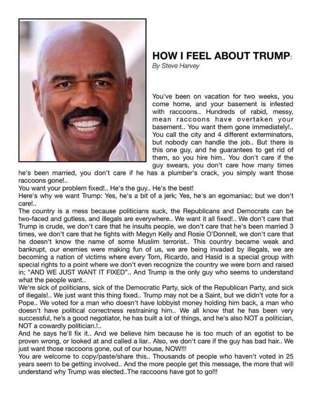 DeepBlueCrypto's tweet photo. @charliekirk11 @TheBabylonBee @DonaldJTrumpJr Steve Harvey’s thoughts on Trump

Trump isn’t a saint, but he gets the job done. He can drain the DC swamp. https://t.co/2k7cD2M1d1