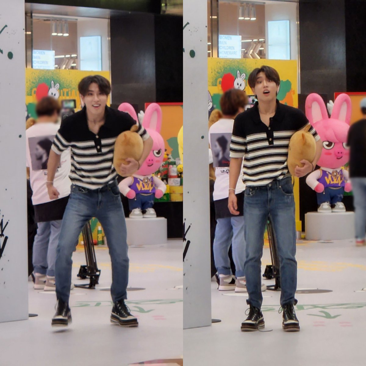 His mesmerizing pesona shines brightly as he strikes a playful pose, the traditional Han-quokka gracefully draped over his arms, creating an enchanting fusion of charisma and  cute that captivates all who behold it.