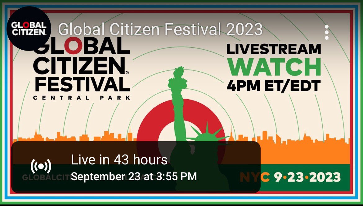 USBTSARMY's tweet photo. [Global Citizen | YouTube]

Global Citizen Festival 2023 Livestream Link
🔗https://t.co/ejZUfRKN90

⏰ This Saturday Sept 23 @ 4pm ET (1pm PT | 2pm MT | 3pm CT)

#JungKook
#JungKookOnGlobalCitizen https://t.co/bSoILYgcxW