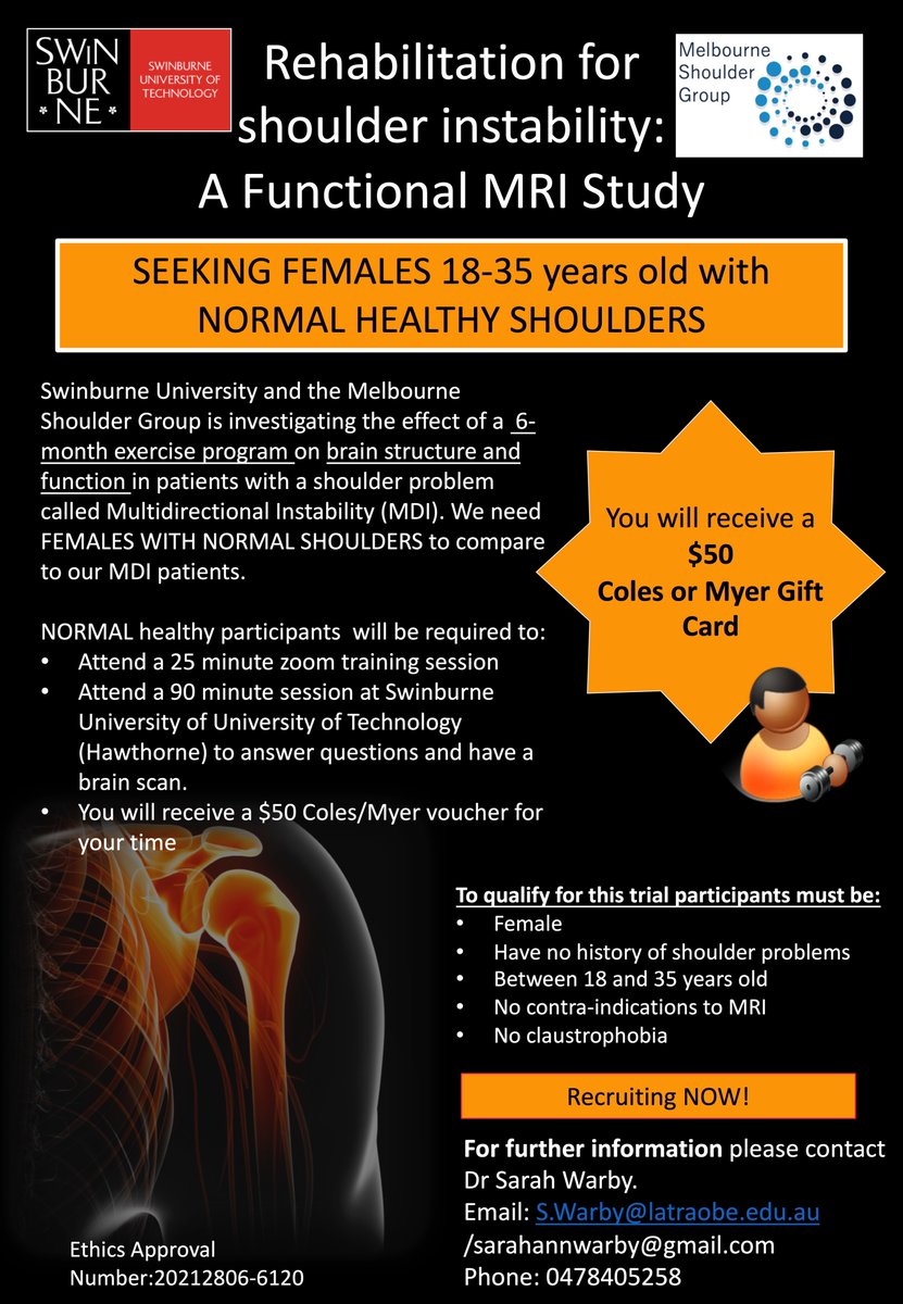 Sarah Warby (@drsarahwarby) on Twitter photo Seeking controls for our MDI fMRI Study. Female 18-35 yrs no shoulder problems. 90 min of your time at Swinburne Hawthorne. $50 coles/myer voucher.  Thanks in advance Seeking controls for our MDI fMRI Study. Female 18-35 yrs no shoulder problems. 90 min of your time at Swinburne Hawthorne. $50 coles/myer voucher.  Thanks in advance