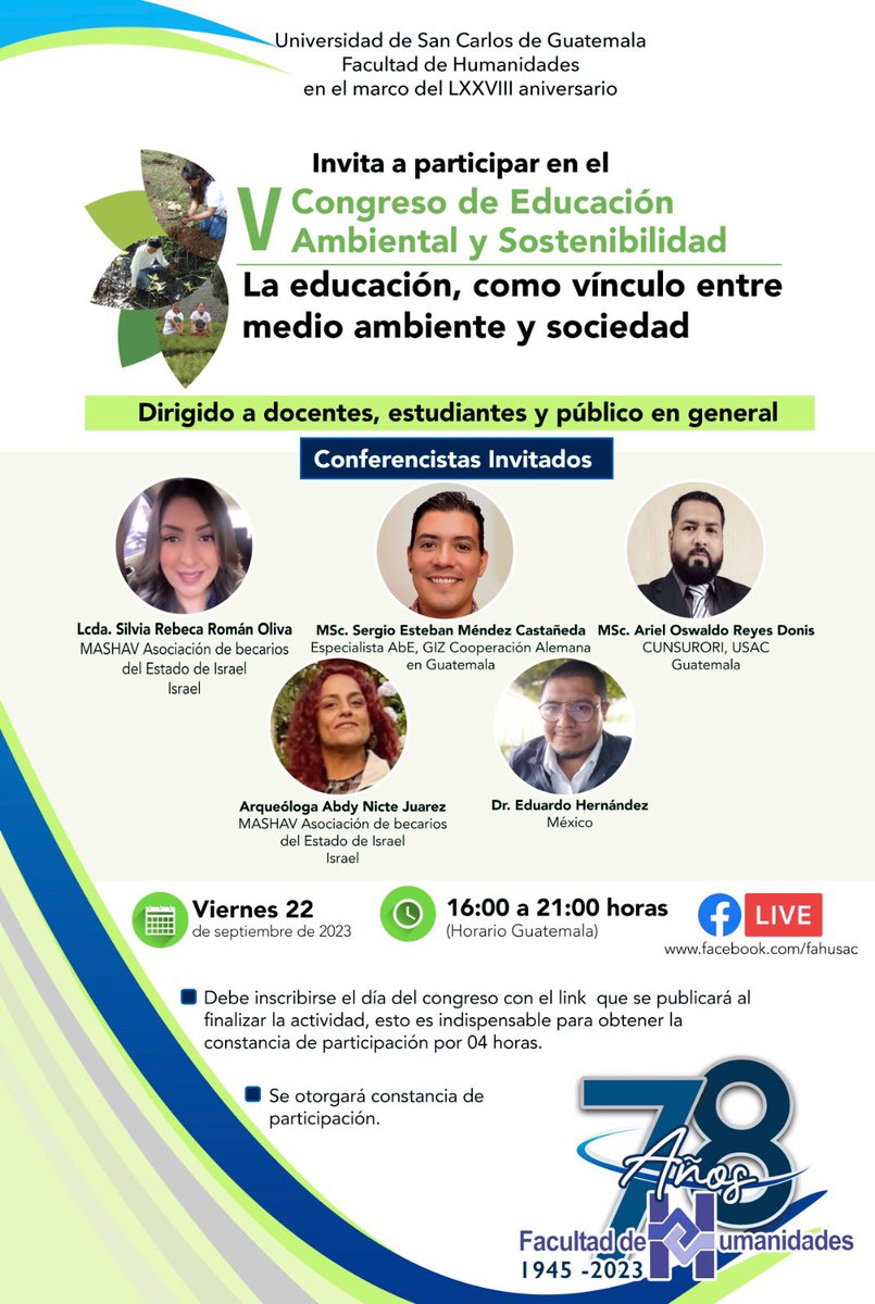 fahusac's tweet photo. 🌿 ¡Únete al V Congreso de Educación Ambiental y Sostenibilidad! 🌍

La Facultad de Humanidades te invita a ser parte de este enriquecedor evento bajo el tema "La Educación, como vínculo entre medio ambiente y sociedad". 
#SoyFAHUSAC #SomosHumanidades https://t.co/06O6iBD09f