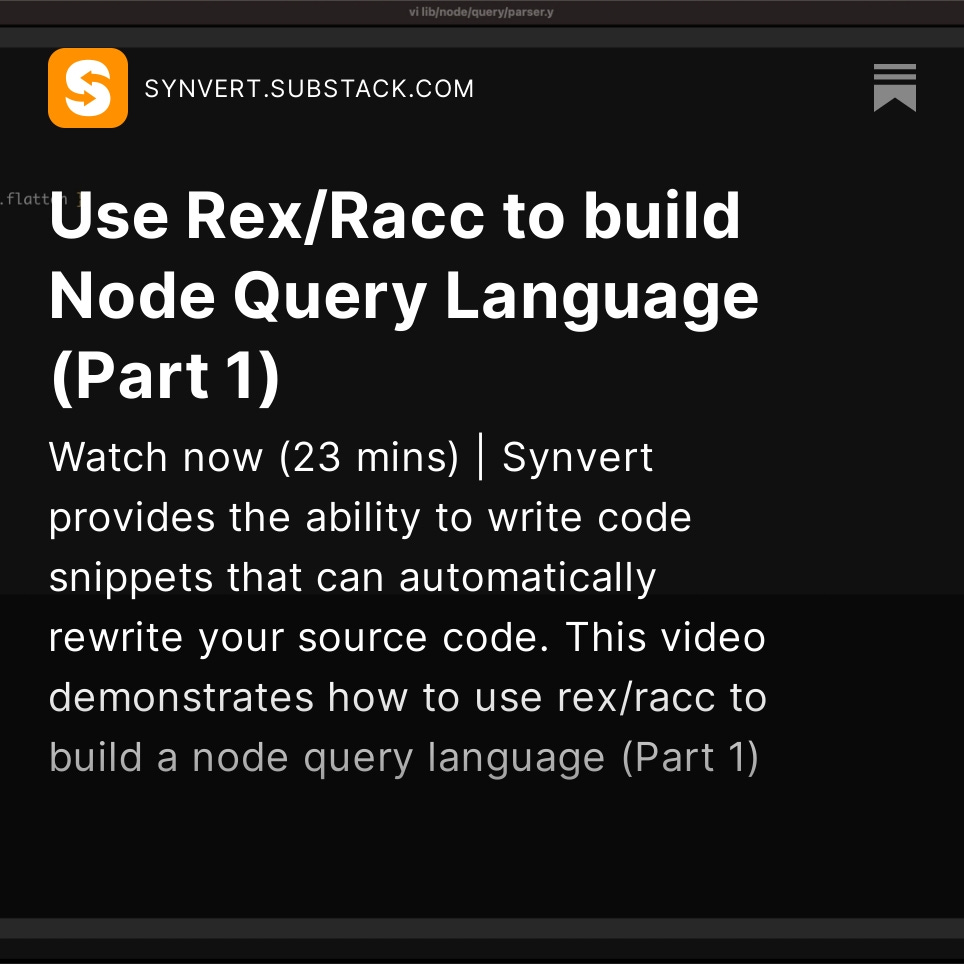 Use Rex/Racc to build Node Query Language (Part 1), by <a href="/synvert_net/">Synvert</a> open.substack.com/pub/synvert/p/… #synvert