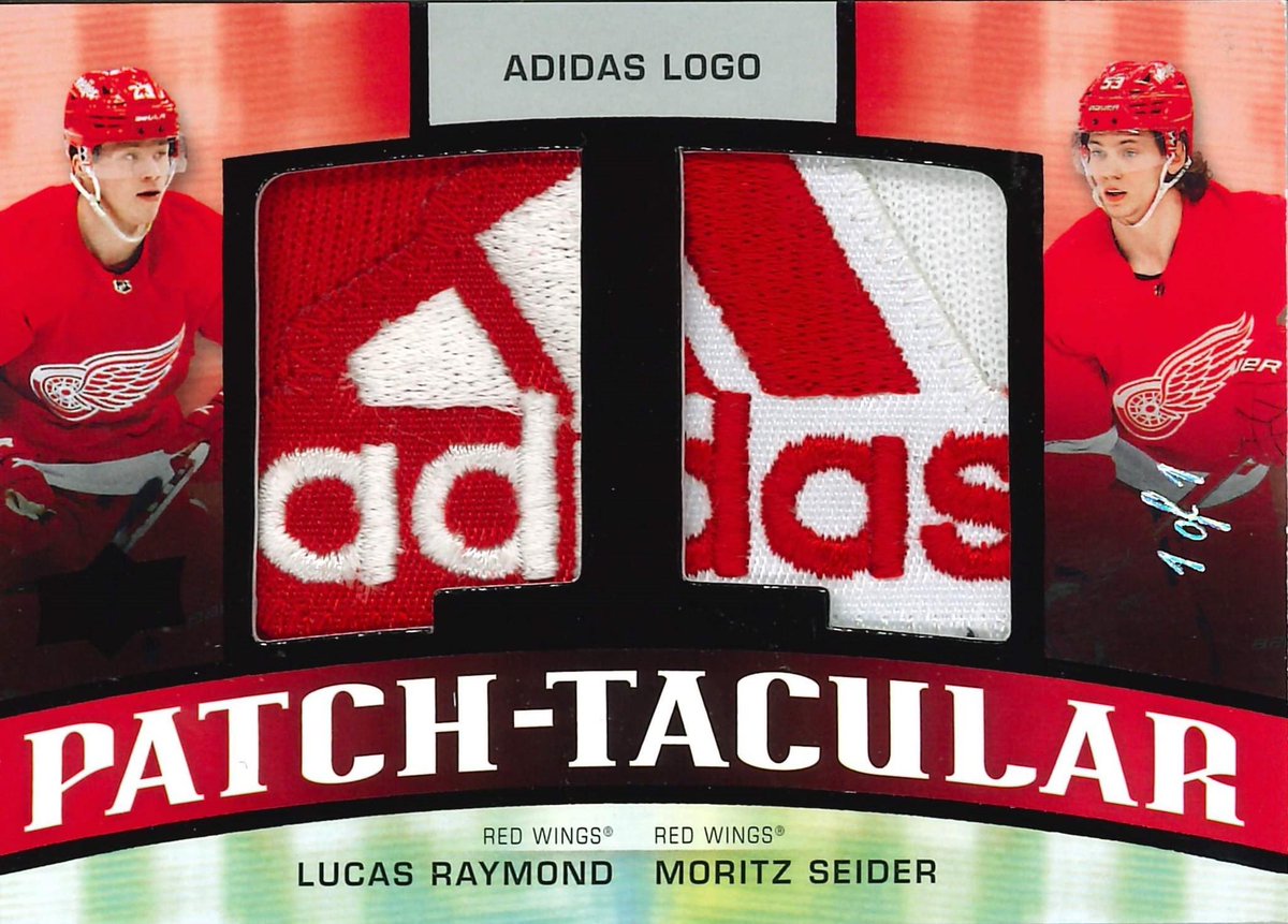 WOW! Upper Deck shared a look at 2021-22 Premier Hockey, finally about to hit hobby shelves. 

Check out this dual patch card of Red Wings Lucas Raymond and Moritz Seider.