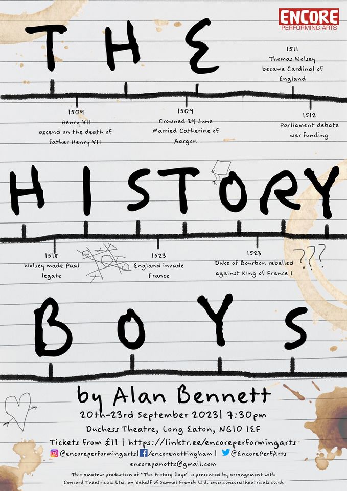 <a href="/DuchessTheatre/">Chatsworth Arts Centre & Duchess Theatre</a> <a href="/EncorePerfArts/">Encore</a> <a href="/DerbyAmPerfArts/">DATA</a> <a href="/syladg/">Support Local Drama</a> <a href="/derbypromo/">derbypromo</a> <a href="/LongEatonLife/">Long Eaton Life</a> <a href="/whatsonnotts/">What's On Nottinghamshire</a> <a href="/Bennett_Diaries/">Alan Bennett Diaries</a> @Actingad #HistoryBoys Perfect casting all round, absolutement fantastique. Poignant &amp; pant wettingly funny. Till Saturday so don't miss out. kevcastletheatrereviews.blogspot.com/2023/09/the-hi…