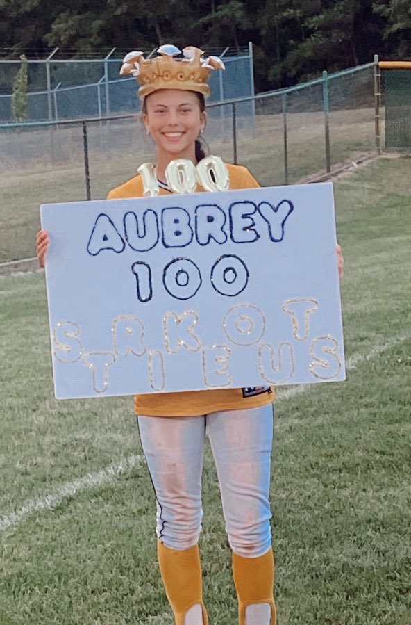 This hard working righty @Aubreyywhite hit the 100k mark for the season! Keep counting those Ks. #tbirdsoftball #quakesgold