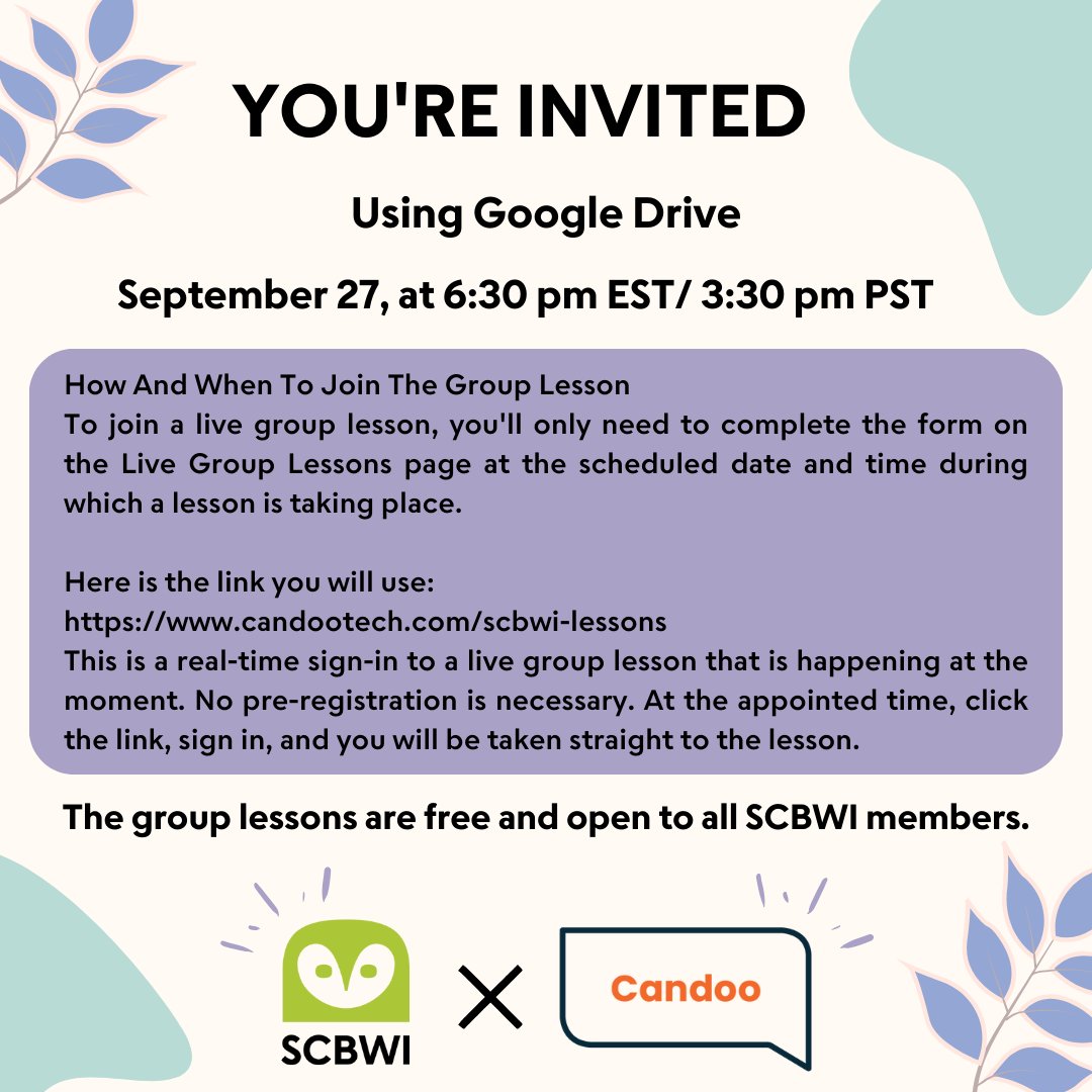 JOIN US NEXT WEEK at 6:30 PM EST for our FREE Candoo Tech Group Lessons for SCBWI Members 🖥

We're once again offering the live Candoo Tech group session, "Using Google Drive" on 9/27, at 6:30 pm Eastern Time / 3:30 pm Pacific Time.

#SCBWI #kidlit #CandooTech