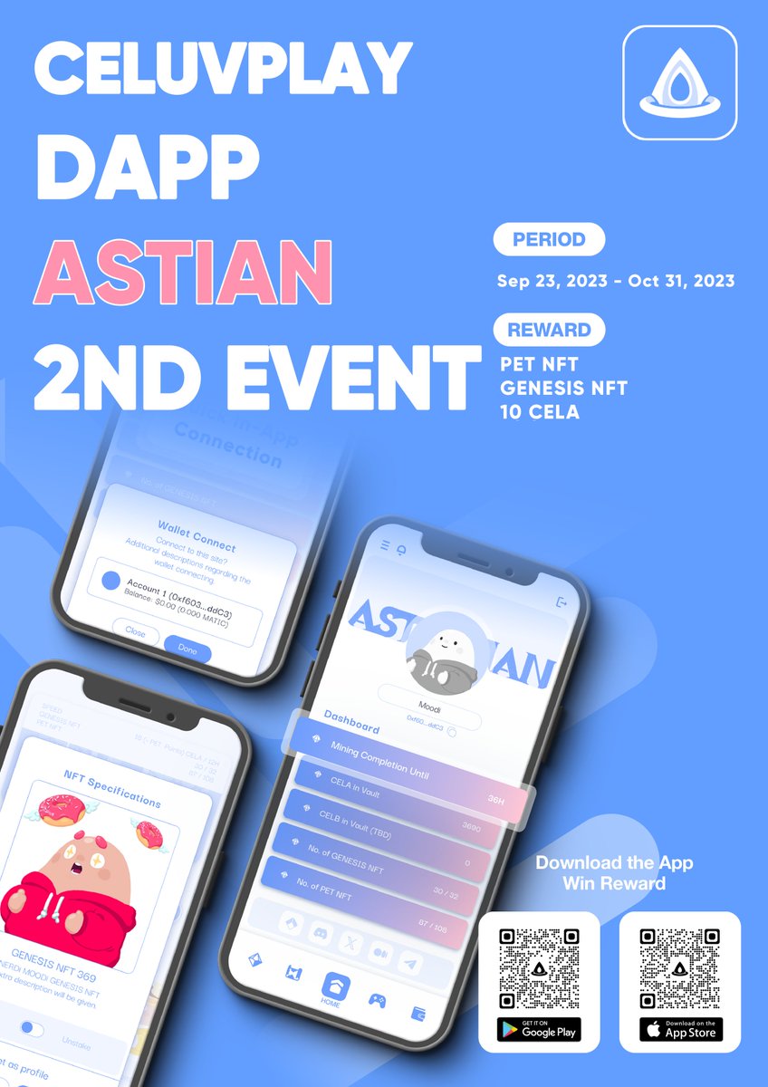 CeluvPlay's tweet photo. 📱CeluvPlay DAPP ASTIAN 2ND EVENT
Thank you for participating in the Astian App Event. You have until October 31 to participate in all events.

Total Rewards: NERDi MOODi GENESIS NFT , PET NFT , 10CELA

More Detail 🔽 
https://t.co/7sRFoIMs0Q

#CeluvPlay https://t.co/UAydAfTd5p