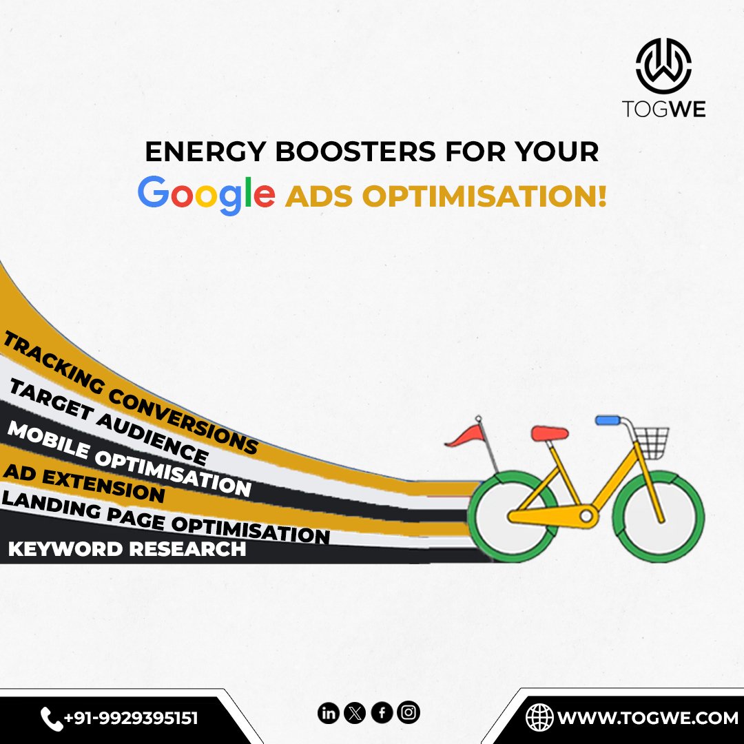 togweofficial's tweet image. Power up your Google ads optimization ⚡ with #Togwe and get one step 
closer to your Success!🚀🔥

Follow for more insights, Contact Us :
Email Us: hello@togwe.com
Call Us: +91 992 939 5151
.
.
.
.
#GoogleAdsOptimization #DigitalMarketing #SuccessJourney #AdvertisingStrategies