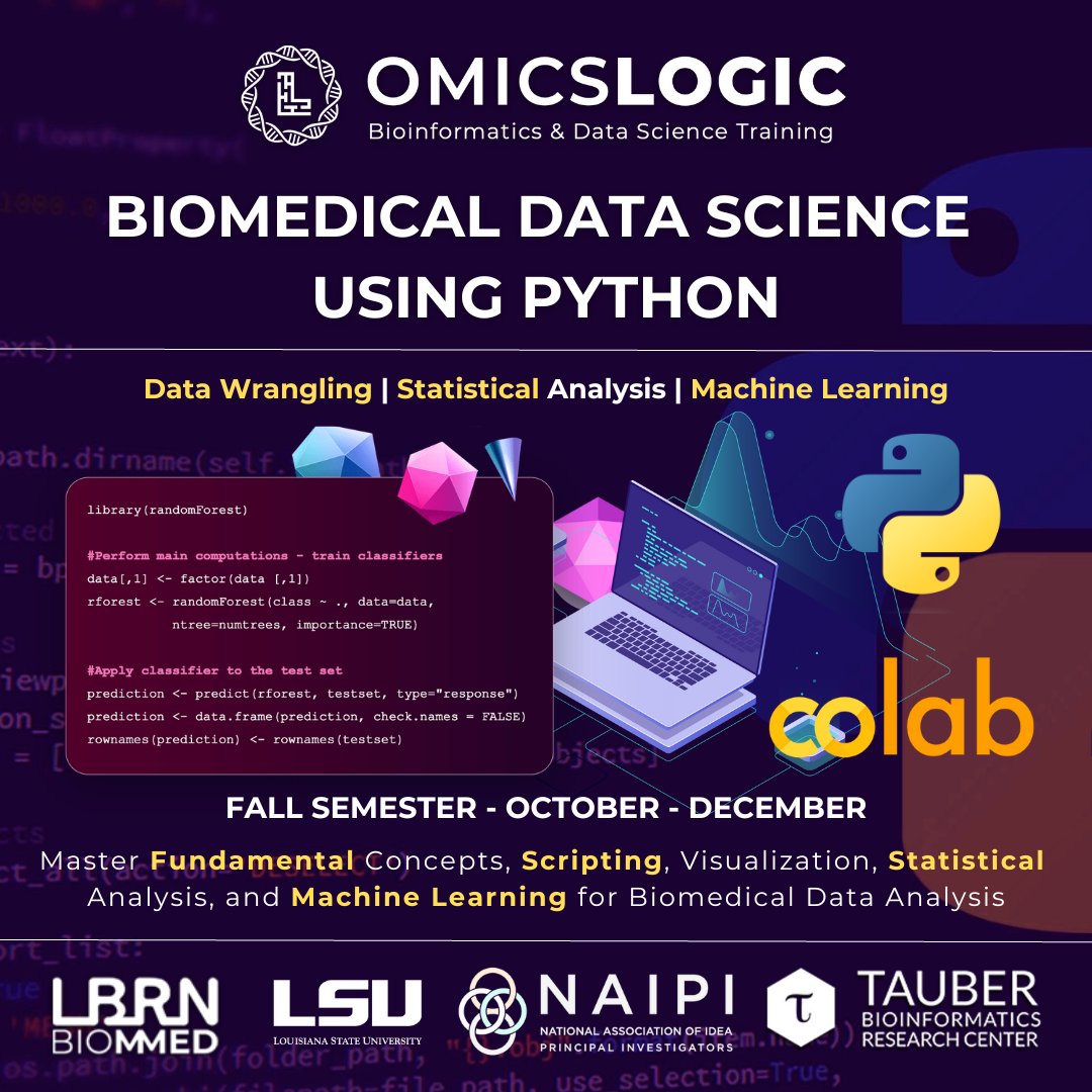 OmicsLogic's tweet photo. Develop in-demand #skills in #Python, data manipulation, &amp; #statistical analysis through hands-on #projects and real-world #datasets. Don't miss out - enroll today for #BioMMED #Virtual Fall Programs! 

➡️ LBRN/LSU - https://t.co/g3DkbBuSaa
➡️ NAIPI - https://t.co/JLDGwHNsYK https://t.co/RM373zfS31