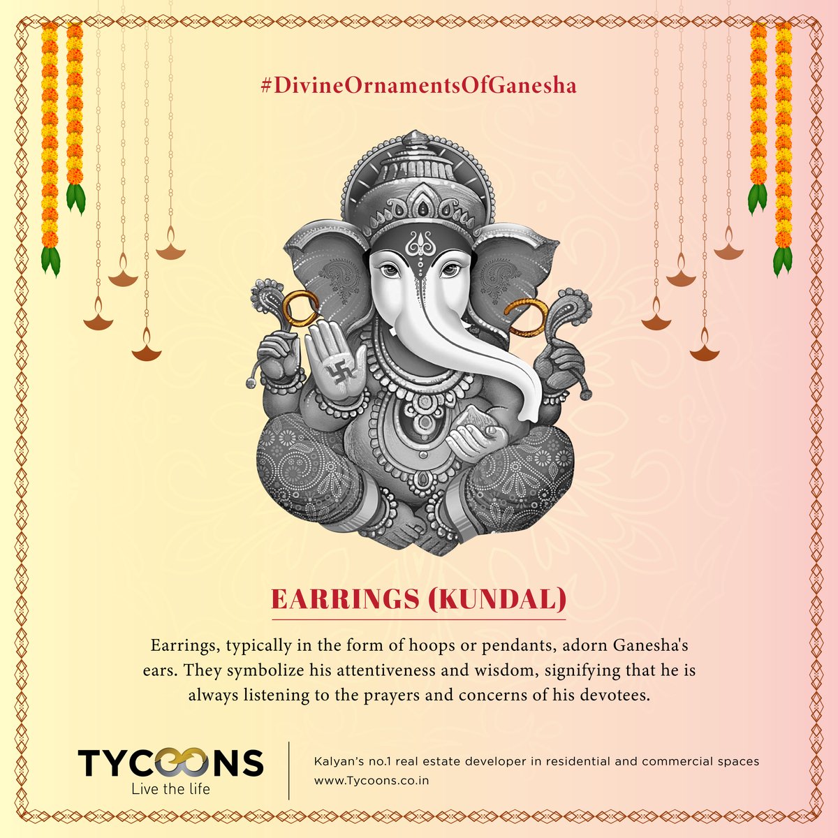 Tycoons_Group's tweet photo. Dive into the profound symbolism of Lord Ganesha's ornaments, #LordGanesha's earrings (Kundal) symbolize attentiveness and wisdom, reflecting his constant ear to devotees' prayers and concerns, exemplifying divine listening. #GaneshaEarrings #GaneshaOrnaments  #Tycoons #Kalyan https://t.co/aW7U7NNkGk