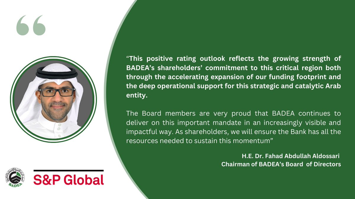 badeabank's tweet photo. #BreakingNews
📣 @SPGlobal has affirmed BADEA's 'AA' credit rating and upgraded the outlook from ‘Stable’ to ‘Positive’.
Main drivers:
✅ #AcceleratedImpactLending policy in Africa
✅ Unwavering #ShareholderSupport
✅ #FinancialSolidity
➡️ For more: https://t.co/i3HwqeYsCp https://t.co/F6JVZtE9VA