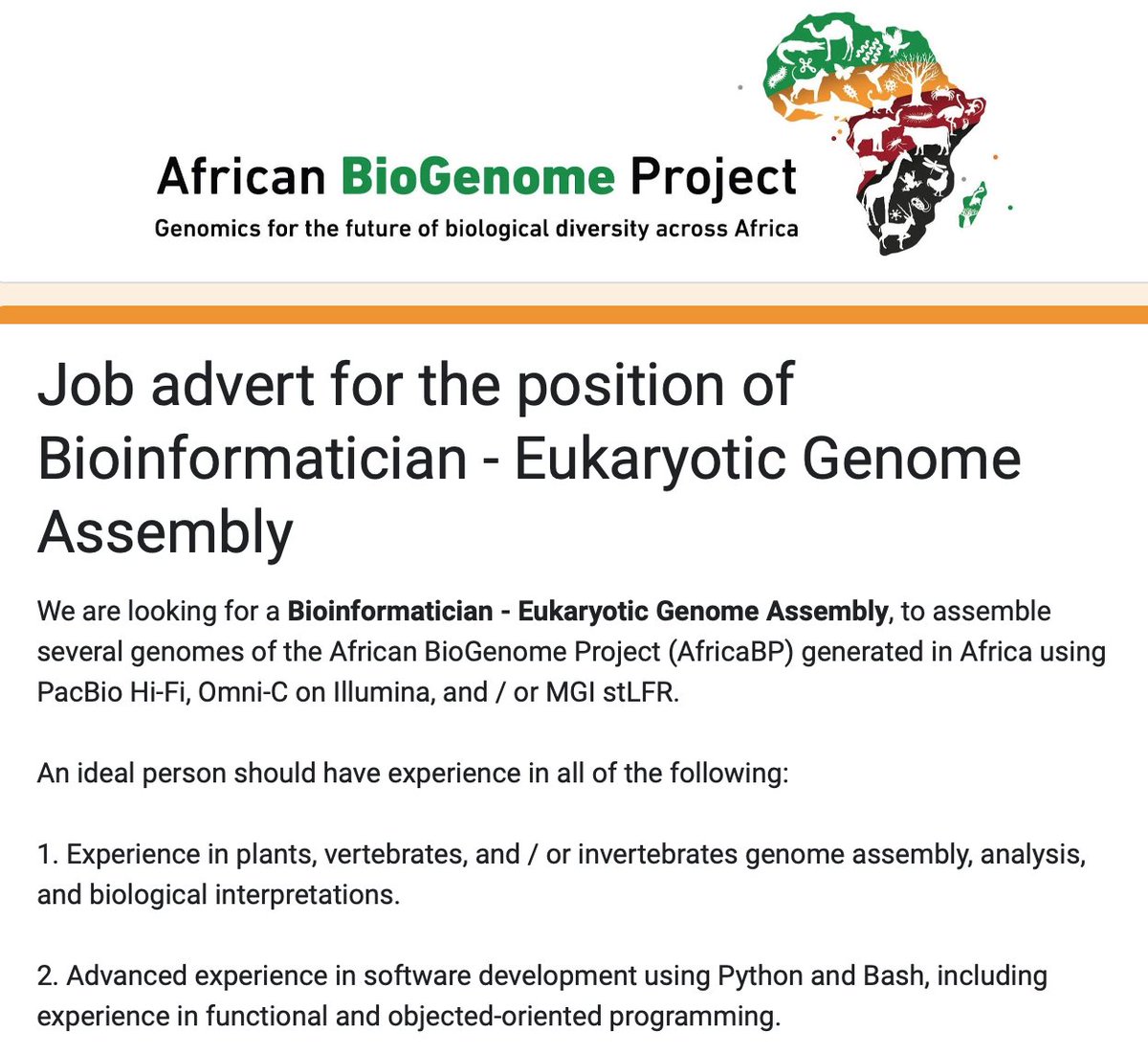 We are looking for a Bioinformatician - Eukaryotic Genome Assembly, to assemble several genomes of the African BioGenome Project (AfricaBP) generated in Africa using PacBio Hi-Fi, Omni-C on Illumina, and / or MGI stLFR. Click for details: docs.google.com/forms/d/e/1FAI…