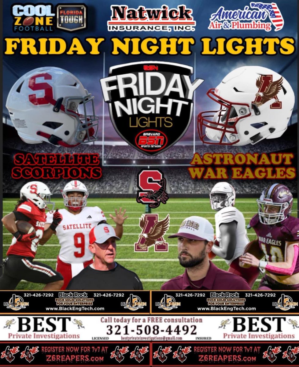 SportsBrevard's tweet photo. BSN #FRIDAYNIGHTLIGHTS QUADRUPLEHEADER BROUGHT TO YOU BY Natwick Insurance, Inc. &amp; American Air &amp; Plumbing: @ScorpFootball (2-2) AT @AstronautFB (0-4), 7PM 

@Jackson_Robb56 &amp; Logan Pettit on the call: https://t.co/SZEAWFinqP