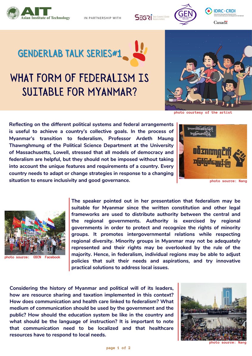 AITGenderLab's tweet photo. 📢 We are excited to share the summary brief of the GenderLab Talk Series#1 on "WHAT FORM OF FEDERALISM IS SUITABLE FOR MYANMAR?" 
 
 📢If you want to read more about it please access our website:
 https://t.co/Xy3I6sTiBD

#K4DM 
#IDRC
#AIT 
#GDS https://t.co/BlksQOkGGj