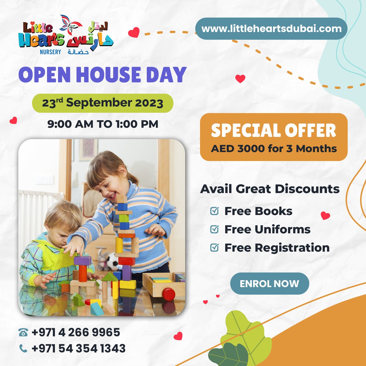 Join us for our Open House Day . 
🔥Special offer: AED 3000/- for 3 Months!!
Avail other benefits include:
📌Free Uniform
📌Free Books
📌Free Registration
#preschool #KHDA #eyfscurriculum #dubainursery #happykids #littlehearts #preschoolactivities #preschoolclasses