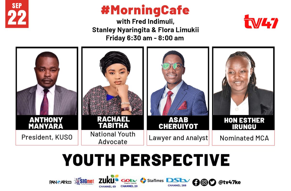 HERachelTabitha's tweet photo. I extend my gratitude to @tv47news for graciously hosting me today at their studio, where I joined my fellow  leaders to participate in the youth perspective session. Such National Tv platforms offer the youth a wonderful opportunity to express their opinions, and I certainly appreciate being a part of it. The future seems bright and full of possibilities. @Fredindimuli @limukii_f  @WakiliAsab   @AntonyManyara @Esther