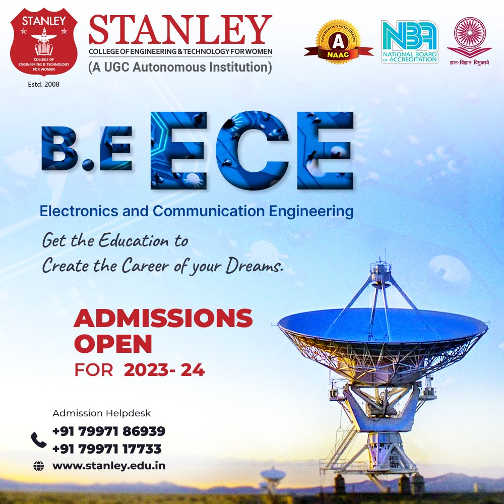 stanleywomensc1's tweet photo. Are you ready to embark on an exciting journey into the world of Electronics & Communication Engineering? Your dream career begins here!
#AdmissionsOpen2023_24 in #ElectronicsandCommunicationEngineering
#Stanley #StanleyCollege #ECE #AdmissionsOpen #Engineering #Admissions https://t.co/I0iqYJ4lHj