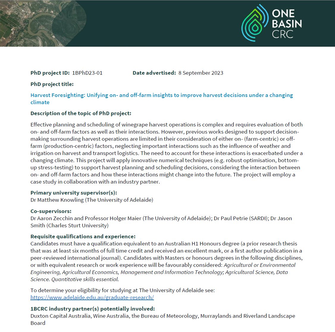 Matthew Knowling (@mjknowling_) on Twitter photo Looking for impact-driven PhD research?
📢 We have an exciting PhD scholarship opportunity at <a href="/UniofAdelaide/">Uni of Adelaide</a> to work with industry to improve harvest logistics as part of #OneBasinCRC: onebasin.com.au/phd-programs
Applications close end September.
#DecisionAgriculture <a href="/UofA_SET/">Faculty of Sciences, Engineering and Technology</a> Looking for impact-driven PhD research?
📢 We have an exciting PhD scholarship opportunity at <a href="/UniofAdelaide/">Uni of Adelaide</a> to work with industry to improve harvest logistics as part of #OneBasinCRC: onebasin.com.au/phd-programs
Applications close end September.
#DecisionAgriculture <a href="/UofA_SET/">Faculty of Sciences, Engineering and Technology</a>