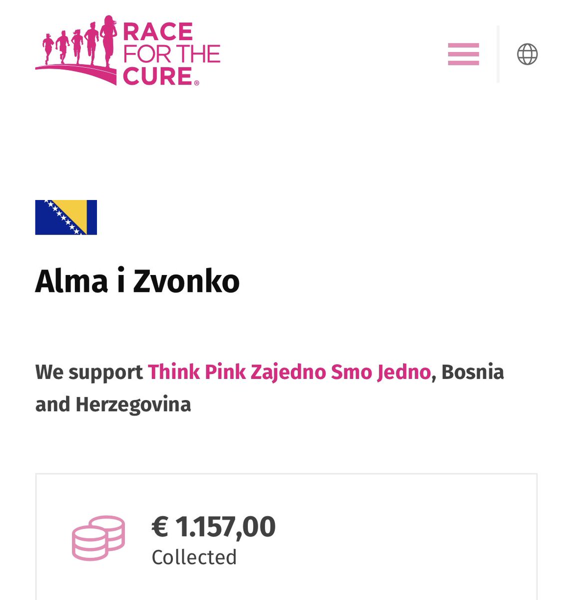 Veliko hvala od ❤️ svima koji su se do sada uključili u akciju “Race for the Cure” i koji ste postali dio <a href="/AlmicaDV/">Alma Dautbegovic-V.</a> i mog tima. Naše malo nekima će značiti mnogo, stoga idemo dalje.  Svaka pomoć ženama oboljelim od raka je dobrodošla!