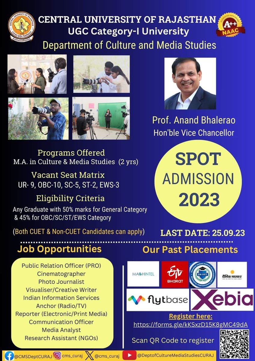 cms_curaj's tweet photo. Last three days left to join the unique programme 'MA in Culture & Media Studies' at prestigious Central University of Rajasthan (accredited with NAAC A++ grade and a UGC Category 1 university status). Hurry up! #curaj #cmscuraj #macms #admissionalert https://t.co/CqVim4b7gK
