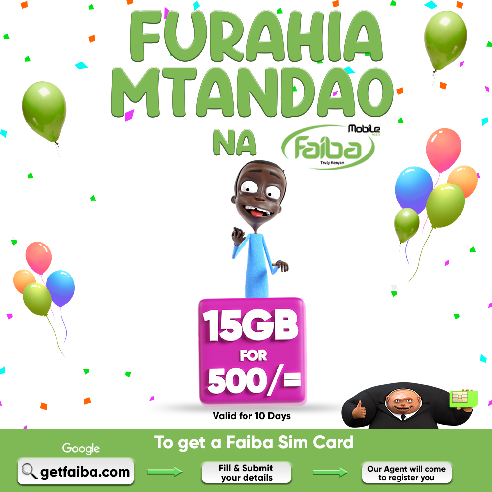 UsiKOSE Kuwa NA DATA!

DATA DEALS SAFI SANA when you Join The Fastest, Affordable &amp; Most Reliable Smartphone Network Today!

Click getfaiba.com or you can visit a Faiba Agent near you.

#FaibaMobile #GetFaiba