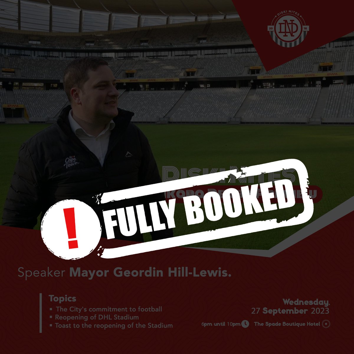 Good morning, it's going to be a full house for our exciting conversation with the Honourable <a href="/geordinhl/">Geordin Hill-Lewis</a>, the Mayor of Cape Town!

#DiskiNites is FULLY BOOKED ‼️