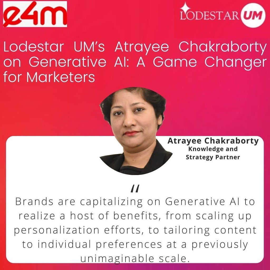 In an @e4mtweets article, titled ‘Video personalisation with #AI’, Atrayee Chakraborty, Knowledge and Strategy Partner at Lodestar UM, discusses the surge in #GenerativeAI adoption in advertising. Checkout the full piece for deeper insights on e4m! 🔗 exchange4media.com/digital-news/o…