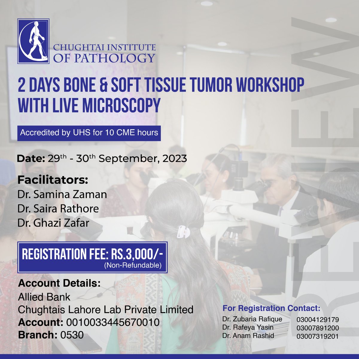 ChughtaiPathRes's tweet photo. Hey #PathTwitter, @ChughtaiPathRes will host an  on-site workshop on Bone and Soft tissue Pathology.  

📅 September 29 &amp; 30. 
📍 Chughtai Institute of Pathology, Lahore,  Pakistan. 
Registration details 👇 https://t.co/q1sc1KzML8