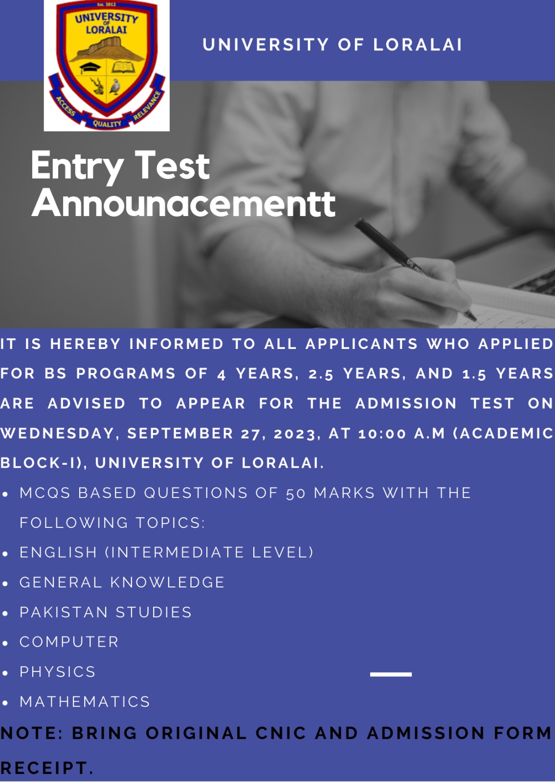 University of Loralai UOL Admissions 2023 in 2023