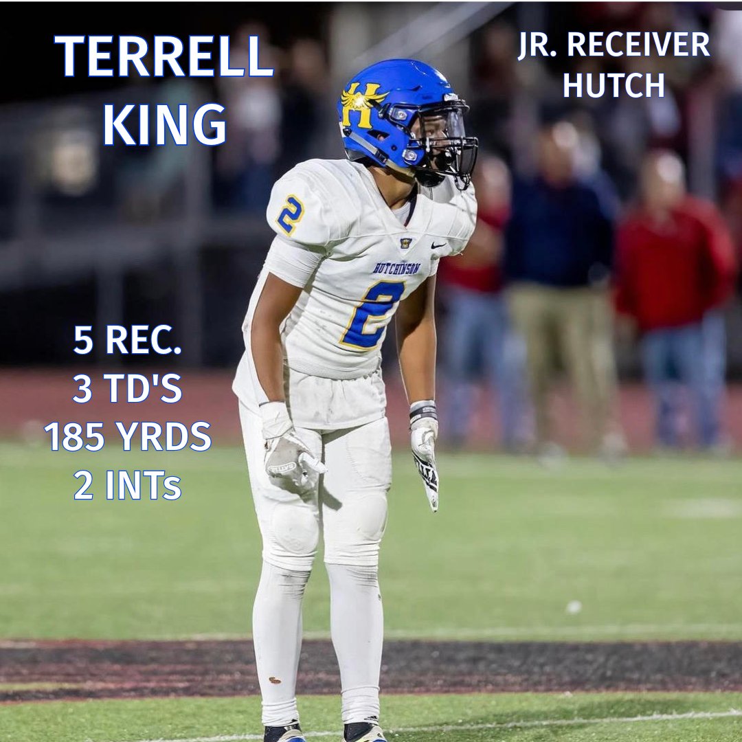 centralks_hoops's tweet photo. Terrell King or Travis Hunter? The Junior out of Hutch is making plays on both sides of the field! Last Friday against Maize South, King put up an unreal stat line of 5 Rec. for 185 yards and 3 TDs and still had two pics while defeating the Mavs. https://t.co/OZJUQdQ2kY
