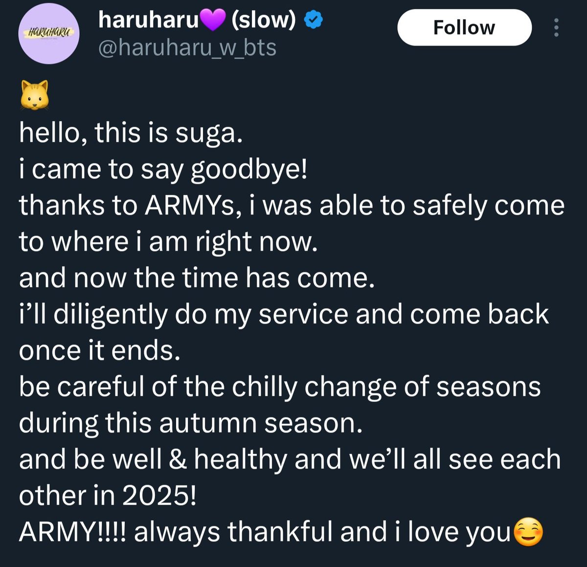 BWollongong's tweet photo. 🚨YOONGI MILITARY ENLISTMENT UPDATE🚨

A very wholesome goodbye message from our beautiful Yoongi 😭

Make sure to give your fellow Yoongi and ARMY some bora love today!!! 🥺💜🫰🏻 https://t.co/dyzGskom2q