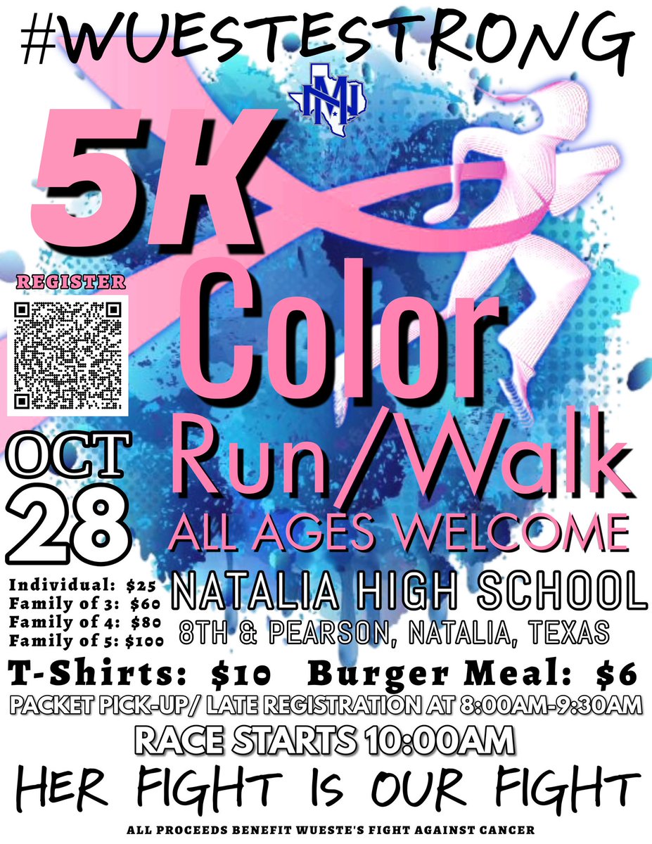 NataliaSports's tweet photo. Natalia 5K Color Run/Walk – Pink and Blue Out will take place on Saturday October 28th starting at Natalia High School. Click on the link to register! https://t.co/DVjarretJM