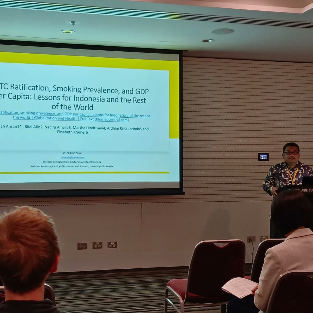ahsanov's tweet photo. Presented a paper about fctc Ratification and gdp per Capita, to give evidence that fctc Ratification will not harm in the Indonesian economy. Presentation in Australia health economics society conference 2023 @aus https://t.co/cQkUlhhoVi