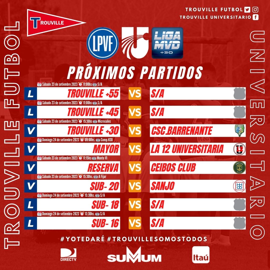 🔺️Fútbol ⚽️‼
Compartimos Actividad fijada para sábado 23 y domingo 24 de setiembre en las categorías de <a href="/LUD_Oficial/">Liga Universitaria de Deportes</a>  <a href="/LPVFinfo/">LPVF</a> y <a href="/LIGA_MVD/">LIGA MVD</a>
.
#VamosLaRoja🔴⚽️
<a href="/ClubTrouvilleUY/">Club Trouville</a>
<a href="/CampoRojoUY/">Campo Rojo - Club Trouville</a>
<a href="/SummumUY/">SUMMUM</a>