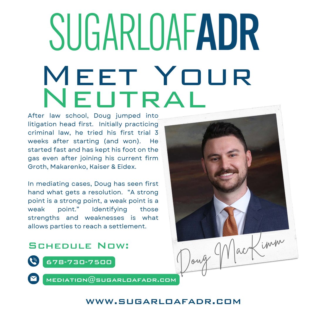 Get to know Neutral Doug MacKimm:
sugarloafadr.com/douglas-a-mack…

#mediation #mediationskills #mediationmatters #mediationprocess #alternativedisputeresolution #disputeresolution