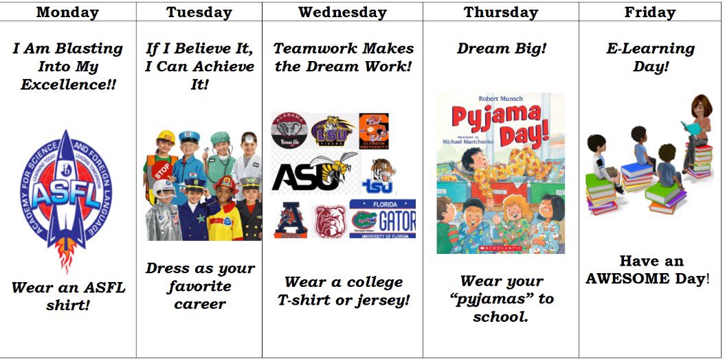 College and Career Week is next week, Sept. 25-29th. Check out our dress up days! <a href="/ASFLptsa/">ASFL PTA</a> <a href="/HSVk12/">Huntsville City Schools</a>