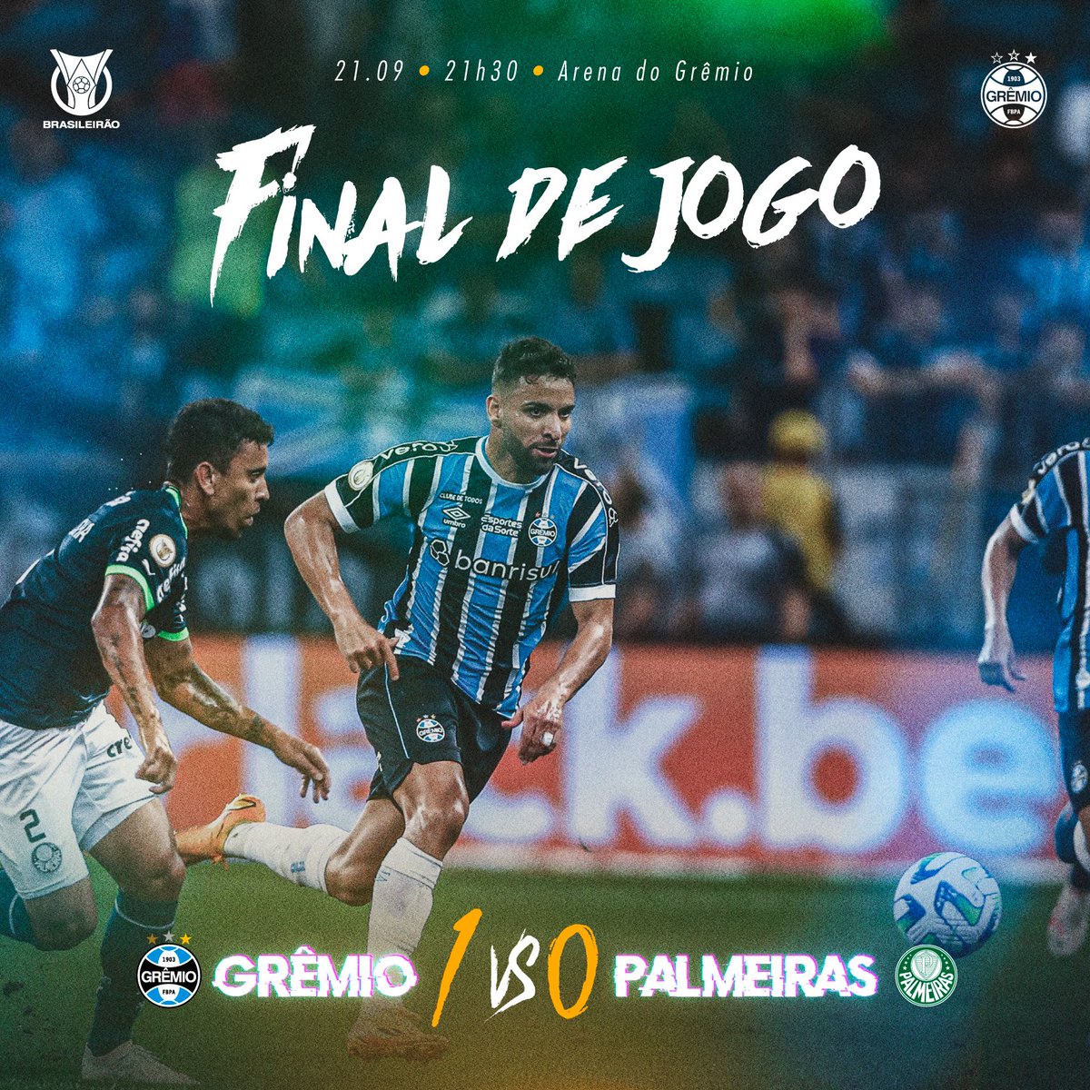 Final de jogo: #Grêmio 1x0 Palmeiras
Com um gol do João Pedro no 1º tempo e um jogador a menos por boa parte da etapa complementar, vencemos a equipe do Palmeiras aqui na Arena e seguimos no G4 do #Brasileirão2023! A GREMISTADA PROVOCA UM ABALO SÍSMICO NA ARENAAAAA! 🇪🇪 #GRExPAL
