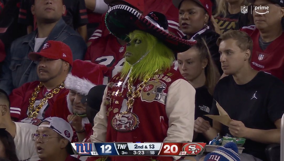 NFLonPrime's tweet photo. "You're a mean one, Mr. Grinch"

#NYGvsSF | #TNFonPrime https://t.co/j0NjTUCSQf