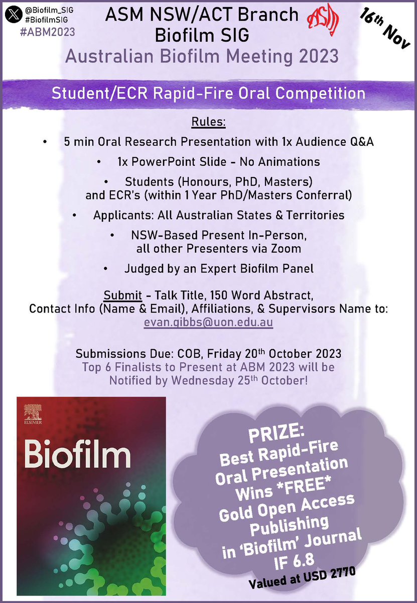 Biofilm SIG (@biofilm_sig) on Twitter photo Excited to announce the Australian Biofilm Meeting 2023 #ABM2023, 16th Nov ‘23!
With a fab lineup of Australian & International biofilm speakers + a student/ECR competition with a cool prize from <a href="/BiofilmJournal/">Biofilm Journal</a>!
In-Person
trybooking.com/CLXLC
Online
trybooking.com/CLXLD Excited to announce the Australian Biofilm Meeting 2023 #ABM2023, 16th Nov ‘23!
With a fab lineup of Australian & International biofilm speakers + a student/ECR competition with a cool prize from <a href="/BiofilmJournal/">Biofilm Journal</a>!
In-Person
trybooking.com/CLXLC
Online
trybooking.com/CLXLD