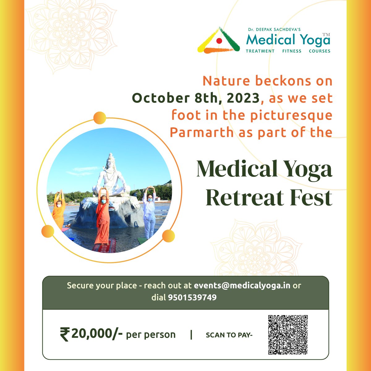 MedicalYoga's tweet photo. 🌅Welcome the serenity of October 8th, 2023, with a harmonious blend of Ayurvedic kriyas and tranquil Meditation at the Medical Yoga Retreat Fest.

🧘‍♀️Join us for this revitalising experience – get in touch at events@medicalyoga.in or call 9501539749. 🙏🌿
#MedicalYogaRetreatFest https://t.co/5Pty2sFpAX