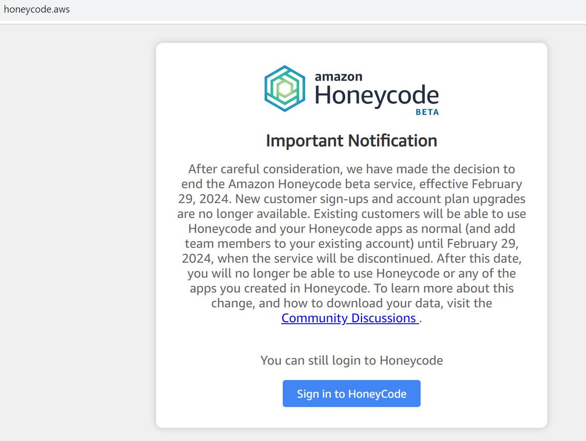 allforbigfire's tweet image. 一方、AWSのローコードAmazon Honeycodeはベータが終了。なにがまずかったのか。なんかカスタマイズしようとするとjsonだらけになった記憶。それならコーディングして画面表示した方が早い。なんのためのローコードか、って理由で本番サービスにならなかったのでは。 #Honeycode #ローコード