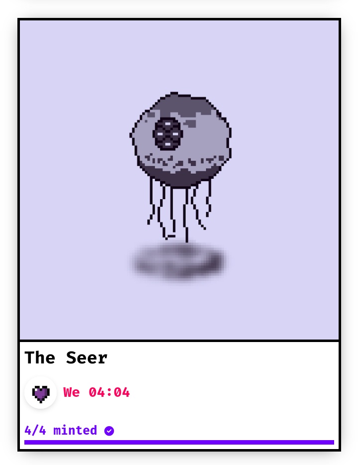 GM

 SOLD OUT The Seer 💜

💜People are talking about him being from some other planet and doing some spying.

🟣Congratulations to the collectors

<a href="/0Xshaghayegh/">shaghayegh</a> 
<a href="/plusoooooooone/">plusone</a> 
<a href="/nutscity13/">Nutscity13</a> 

#fxhash 
Link below 👊