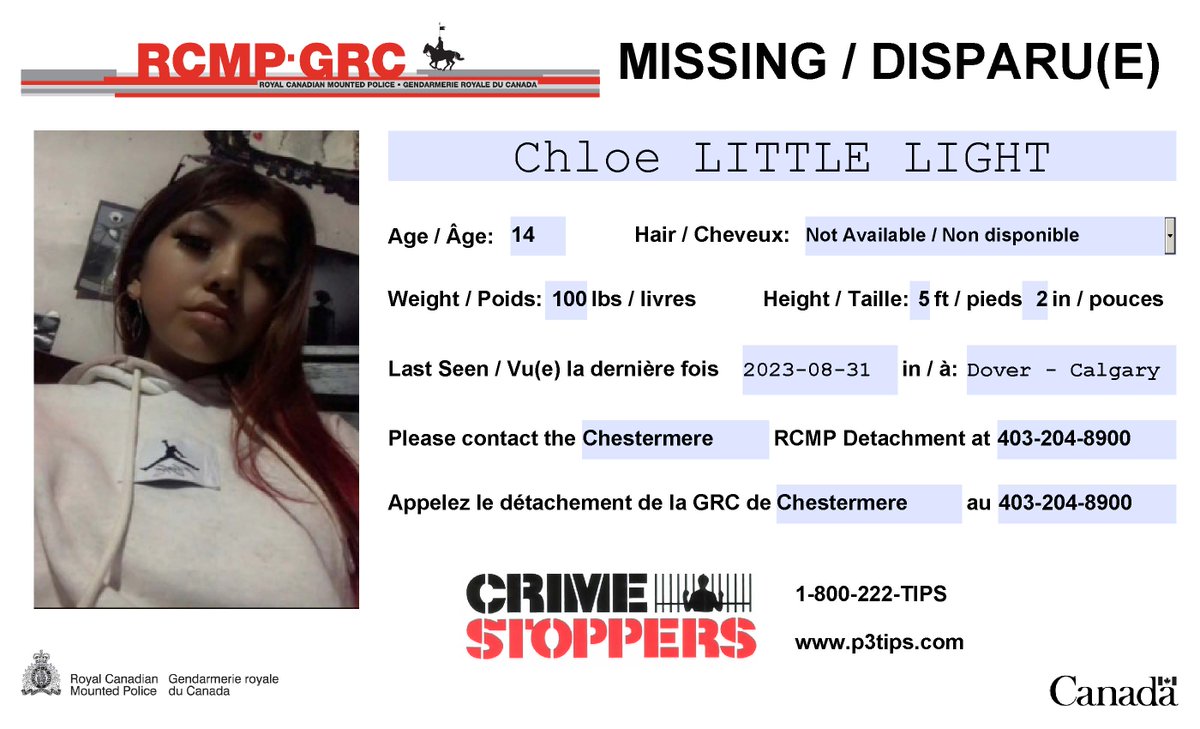 #Missing: Chloe Little Light, 14, last seen in #Dover area of #Calgary; may be in #Chestermere. Please contact Chestermere RCMP or Calgary Police if you know of their whereabouts.