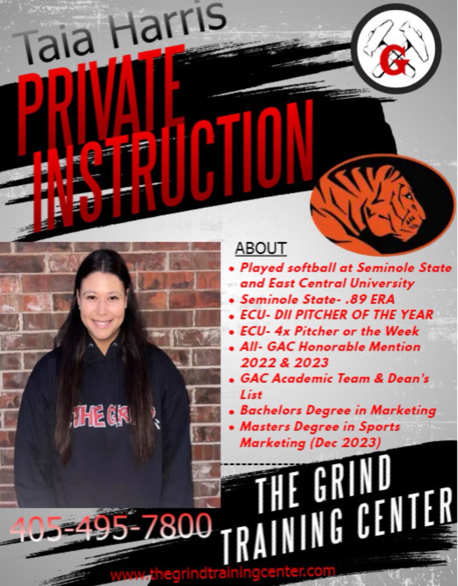 THEGRINDOKC's tweet photo. 📣WELCOME TAIA HARRIS!  Taia’s a GREAT add to our crew &amp; brings a wealth of pitching exp &amp; a super cool vibe to our team of talented instructors. She’s now avail Mon/Tues/Thurs and will be kicking off some regular pitching classes shortly. Get booked: 405-495-7800 #grindtogreat https://t.co/COc1ziw0xs