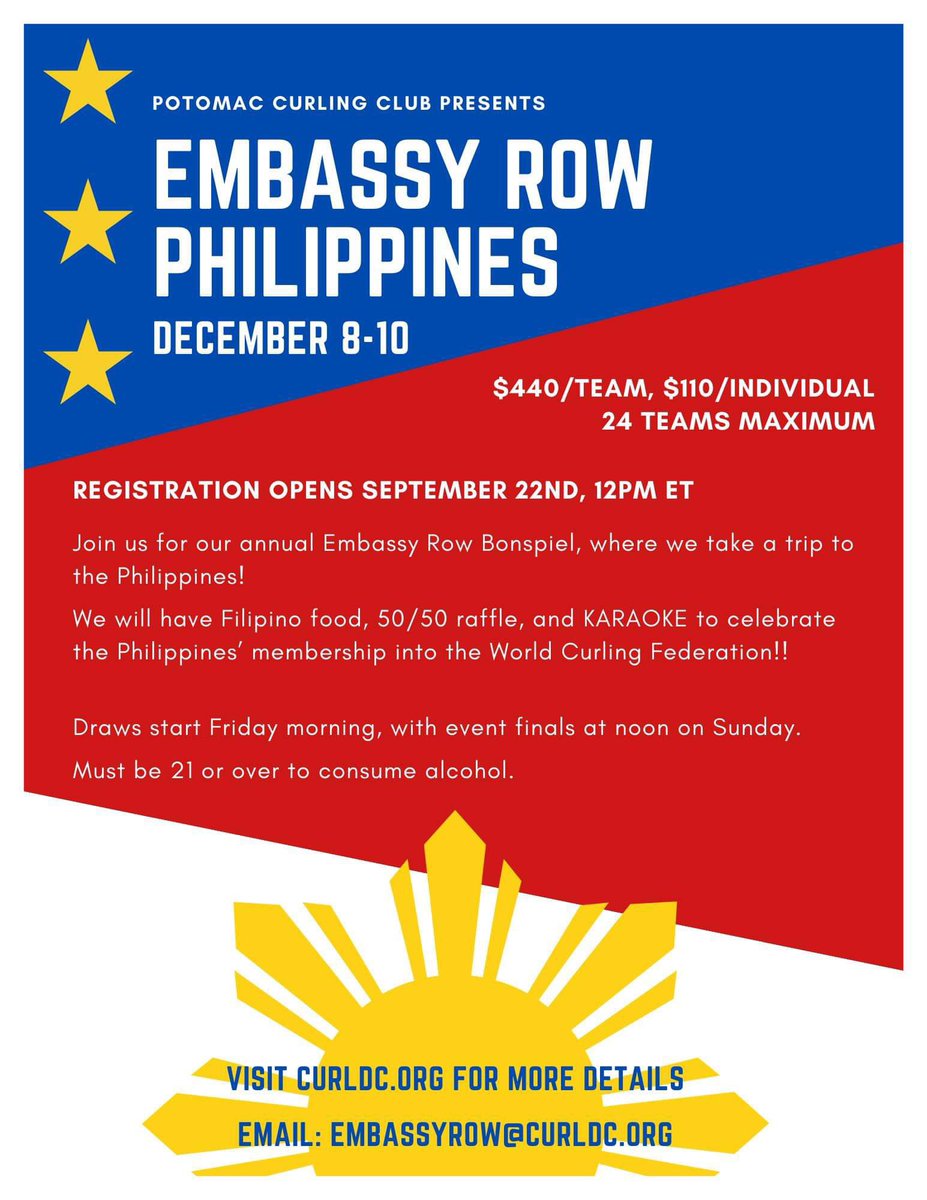 curl_pilipinas's tweet image. Come celebrate our admission to @worldcurling at @curldc ‘s Embassy Row: #Philippines #Bonspiel We’ll have Filipino food, a 50/50 raffle &amp;amp; #KARAOKE 🎤 Registration opens tomorrow Sept 22 at noon! #CurlingPilipinas #Pilipinas #lumpiafordays