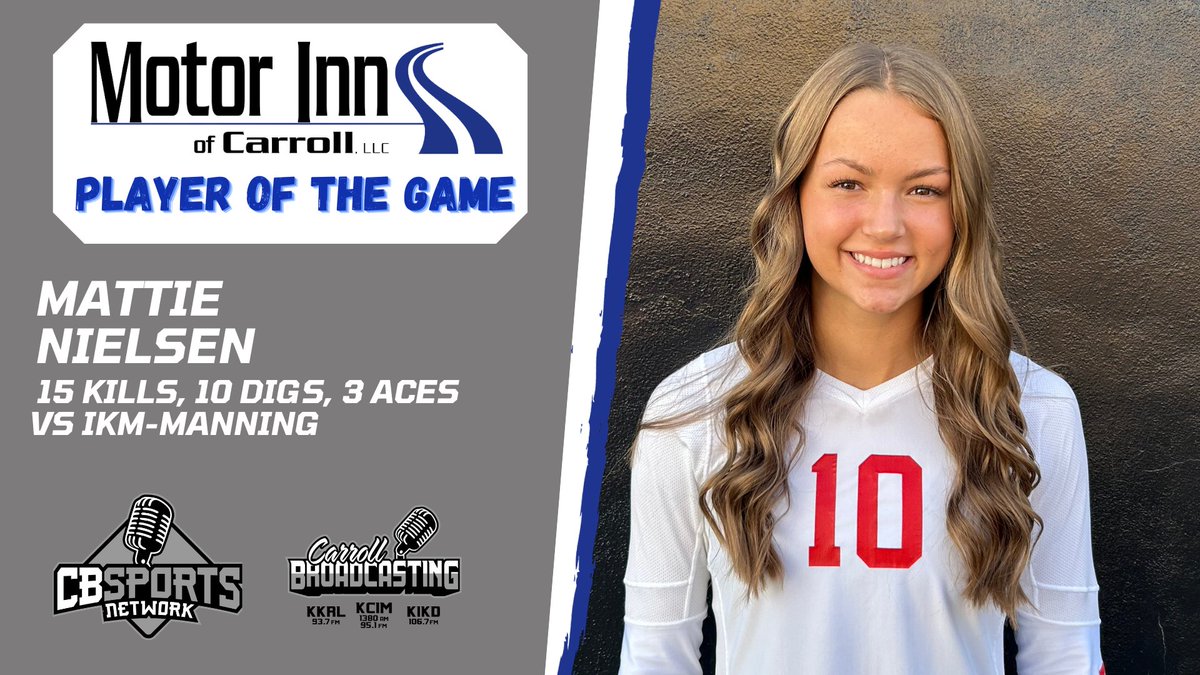 Congratulations to Mattie Nielsen of Audubon on being named Motor Inn Player of the Game Vs IKM-Manning on Thursday, September 21st. Nielsen led a great team effort in a 3-0 win.
<a href="/gowheelers/">Audubon Schools</a> <a href="/mattienielsen05/">Mattie Nielsen</a> <a href="/AddieHocker/">Addie Hocker</a> <a href="/kcmeiners/">kc meiners</a> <a href="/MollyLange3/">Molly Lange</a> <a href="/NickBrincks/">Nick Brincks</a> 
<a href="/TaylorNielsen99/">Taylor Kay Nielsen</a>