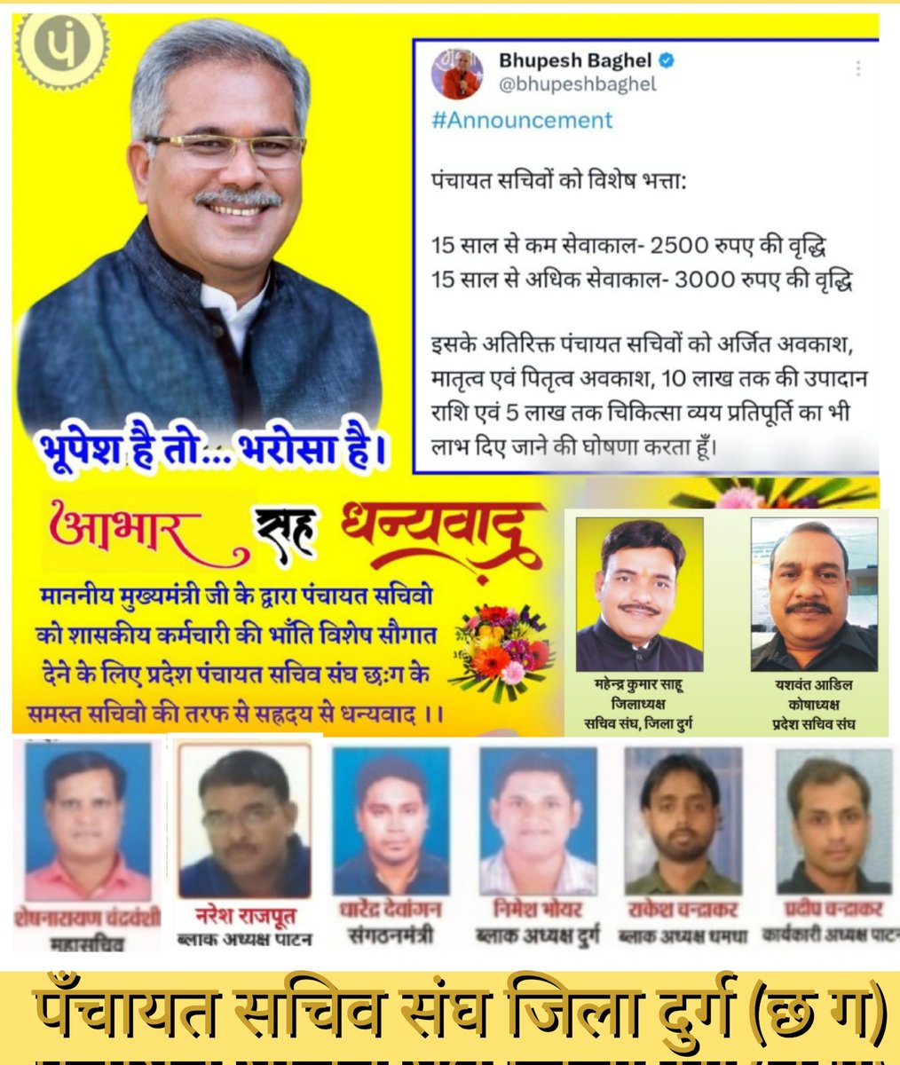 <a href="/ChhattisgarhCMO/">CMO Chhattisgarh</a> <a href="/bhupeshbaghel/">Bhupesh Baghel</a> पाटन के सचिवों के आदर्श...हमारे लाडला विधायक व माननीय मुख्यमंत्री जी से निवेदन है कि, हमारे हित मे बजट में घोषणा किया गया है वो आज पर्यन्त आदेश जारी नही हो पाया है
हमारे मुख्यमंत्री जी से निवेदन है कि अतिशीघ्र आदेश जारी कराकर हमारे हित की रक्षा करने हेतु सादर निवेदन है.....