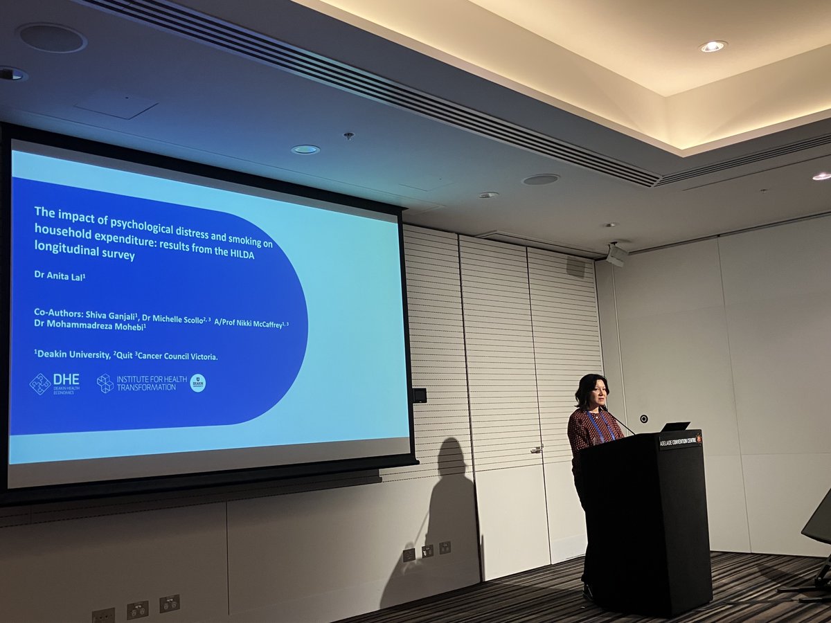 Happening now! <a href="/anitalal8/">Anita Lal</a> is sharing groundbreaking insights on "The Impact of Psychological Distress and Smoking on Household Expenditure." 🏡💸 Don't miss this live glimpse into the intersection of health and finances. #HealthEconomics #AHES2023 <a href="/IHT_Deakin/">Institute for Health Transformation</a>